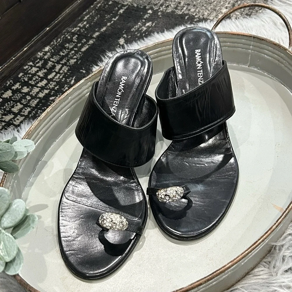 Ramon Tenza Black Heel W/Swarovski Crystal‎ Embellished Elephant Heel SZ 40 RARE